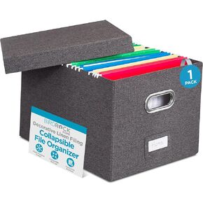 Internet's Best Collapsible File Storage Organizer with Lid - Decorative Linen Filing & Storage Office Box – Hanging Letter/Legal Folder – Home Office Bins Cabinet – Grey Container - 2 Pack