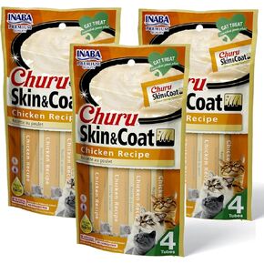 INABA Churu for Skin and Coat Lickable Purée Natural Cat Treats with Omega Oils, Taurine and Green Tea, 0.5 Ounces Each - 2 Flavor Variety Pack (24 Tubes)