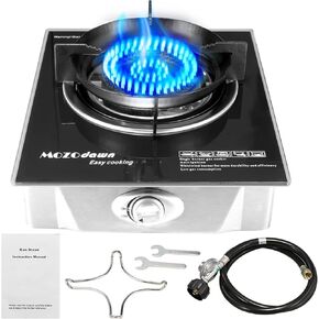 Single Burner Propane Stove 15000 BTU, Portable Camping Gas Propane Stove Propane with Cast Iron Honeycomb Stove Head, Thickened furnace rack, LPG Adapter Hose for Indoor and Outdoor Kitchen Cooking
