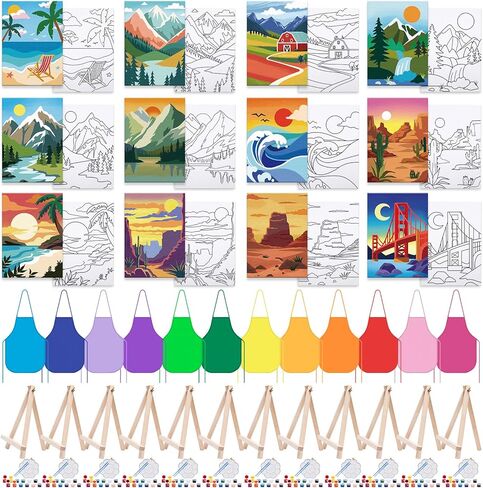 Anseal 84 Pcs Kids Paint Party Set,Canvas Painting Kit Party Favors Include 12 Pre Drawn Canvas 12 Brushes 12 Palettes 12 Set Acrylic Paints 12 Apron for Kids Students Art Paint Christmas Party in Saudi Arabia
