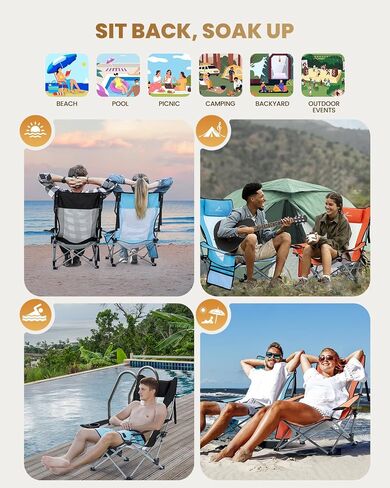 Sportneer Beach Chair: Adjustable Folding Chair with Cup Holder & Side Pocket - Portable & Compact Beach Chairs for Adults with Reclining Positions for Camping Picnic and Outdoor, Black in Saudi Arabia