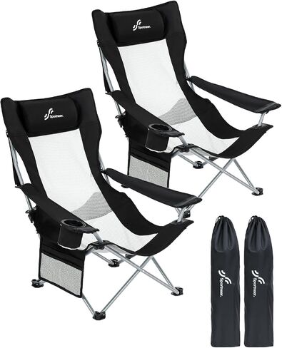 Sportneer Beach Chair: Adjustable Folding Chair with Cup Holder & Side Pocket - Portable & Compact Beach Chairs for Adults with Reclining Positions for Camping Picnic and Outdoor, Black in Saudi Arabia