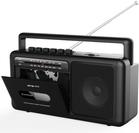 WTB-777 Portable Cassette Player, AM/FM Radio Stereo with Bluetooth, USB, Recorder, Earphone Jack, DC/AC Powered, Boombox MP3 Conversion from Radio to Cassette, Cassette Tape Recorder (Black) in Kuwait