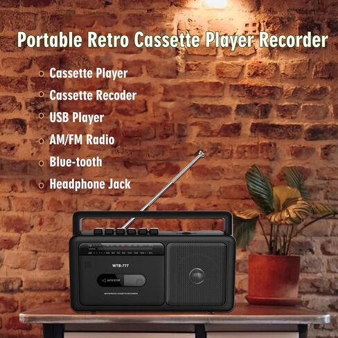 WTB-777 Portable Cassette Player, AM/FM Radio Stereo with Bluetooth, USB, Recorder, Earphone Jack, DC/AC Powered, Boombox MP3 Conversion from Radio to Cassette, Cassette Tape Recorder (Black) in Kuwait