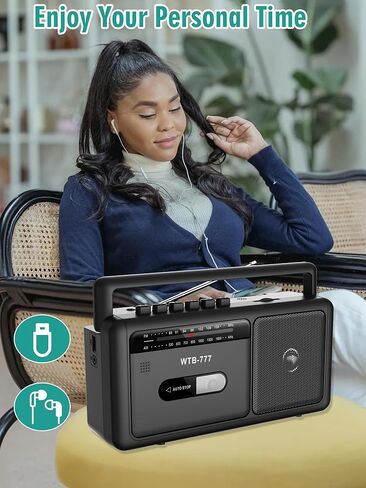 WTB-777 Portable Cassette Player, AM/FM Radio Stereo with Bluetooth, USB, Recorder, Earphone Jack, DC/AC Powered, Boombox MP3 Conversion from Radio to Cassette, Cassette Tape Recorder (Black) in Kuwait