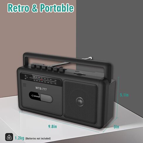 WTB-777 Portable Cassette Player, AM/FM Radio Stereo with Bluetooth, USB, Recorder, Earphone Jack, DC/AC Powered, Boombox MP3 Conversion from Radio to Cassette, Cassette Tape Recorder (Black) in Kuwait