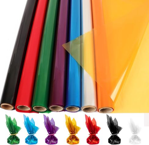 CMFYHM 8 Rolls clear Cellophane Wrap Roll (34 in x 16.4 ft x 8 Colors) Extra Wide Transparent Polka Dots Cellophane Wrapping for Gift Baskets,Flowers, DIY Craft,Baby Shower, Easter,Christmas in Kuwait