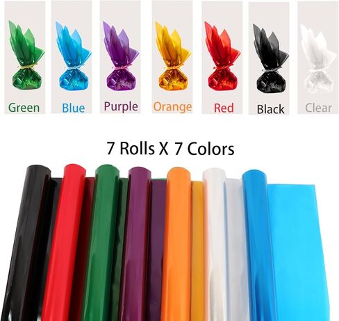 CMFYHM 8 Rolls clear Cellophane Wrap Roll (34 in x 16.4 ft x 8 Colors) Extra Wide Transparent Polka Dots Cellophane Wrapping for Gift Baskets,Flowers, DIY Craft,Baby Shower, Easter,Christmas in Kuwait