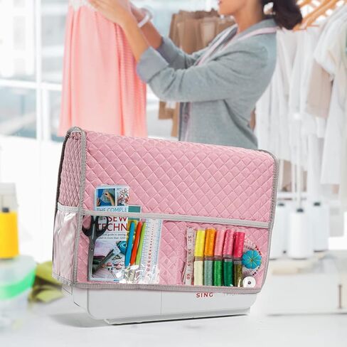 Pink Sewing Machine Cover with Storage Pockets, Dust Cover Compatible with Most Standard Singer & Brother Machines in Saudi Arabia