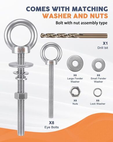 Eye Bolt with Nuts 3/8'' x 4'' (4 Pack), Imperial, Heavy Duty Stainless Steel 3/8-16 Long Eye Bolts, Bonus Drill Bit Included in Saudi Arabia