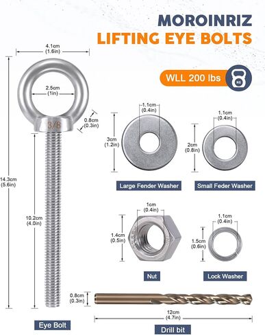 Eye Bolt with Nuts 3/8'' x 4'' (4 Pack), Imperial, Heavy Duty Stainless Steel 3/8-16 Long Eye Bolts, Bonus Drill Bit Included in Saudi Arabia