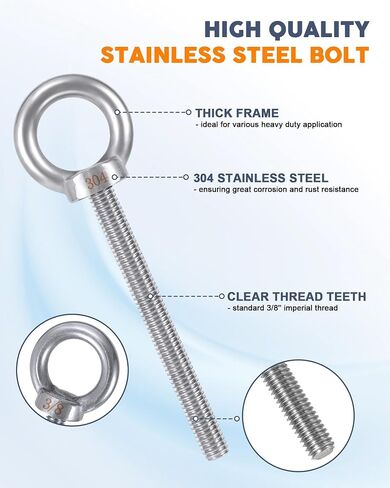 Eye Bolt with Nuts 3/8'' x 4'' (4 Pack), Imperial, Heavy Duty Stainless Steel 3/8-16 Long Eye Bolts, Bonus Drill Bit Included in Saudi Arabia