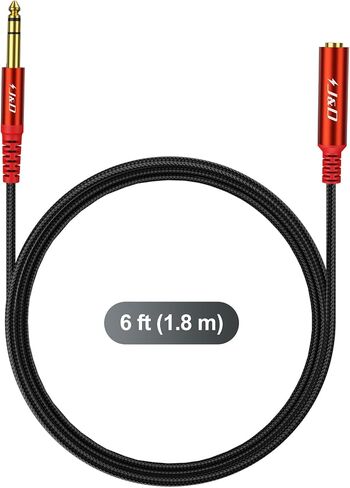 J&D 1/4 Inch Extension Cable, 6.35 mm Stereo Male to Female, Gold Plated Connectors, Durable PVC and Copper, Professional Audio Extender for Headphones, Guitars, Home Theater, Red, 3 feet in Saudi Arabia
