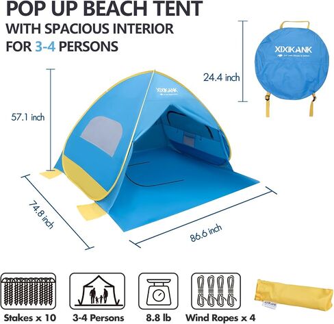 2 Seconds Setup Beach Tent Pop Up for 2-4 Persons,UPF 50+ Thicker Oxford Fabric,Steel Wire Frame,Superb Windproof Sun Shelter,Lightweight Beach Cabana with Handy Carry Bag (for 3-4 Persons) in Kuwait