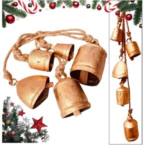 Rustic Harmony Bells 5 pc Cluster Decorative Vintage Cow Bell Brass Coated Country Style Bell Wall Hanging Harmony Giant Jute Hanging Bells Lucky Charm Christmas Bell (5pc Mix Bells Cluster)