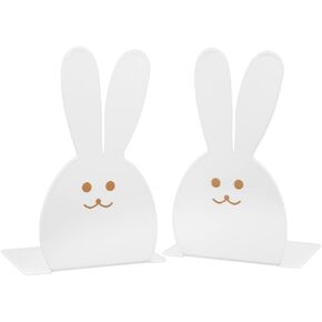 Lovely Bunny Bookends Rabbit Long Ears Metal Kid Bookends Student Book Ends Metal Office Desk School Library Decoration Bookshelf Book Organizer for Easter Christmas Birthday Kids Gift (White)