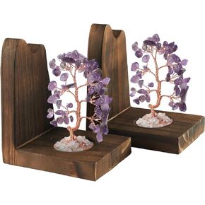 Wood Bookends for Shelves with Crystal Tree, Geode Bookstoppers for Heavy Books,Agate Stone Boodend Decor for Unique Home Decorative(1 Pair) by Yougoals