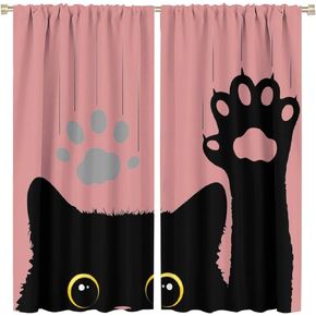 Cute Cat Blackout Curtains Lovely Cartoon Animal Cat Paw Print Black Pink Art Print for Kids Girls Bedroom Living Room Kitchen Decor Rod Pocket Window Drapes 2 Panels 42x45in