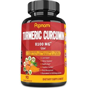 Turmeric Curcumin Extract Capsules - Equivalent to 8100mg - 90 Counts 3 Month Supply - Blended Ashwagandha, Moringa, Ginger & More - Immunity, Joint, Digestive & Wellness Support