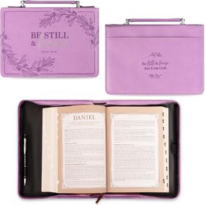 Christian Art Gifts Protective Purple Floral Faux Leather Fashion Bible Cover Carry Case with Handle for Women: Be Still and Know - Psalm 46:10 Inspirational Bible Verse, Medium