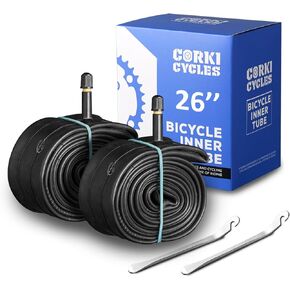 Corki Cycles 26 Inch Bike Tube 26 x 1.75 1.85 1.95 2.0 2.1 2.125 2.2 2.25 2.3 2.35 2.4 4.0 Schrader Valve 32mm / Presta Valve 48mm 2 Pack Bike Inner Tube, Butyl Rubber Bicycle Tube Replacement