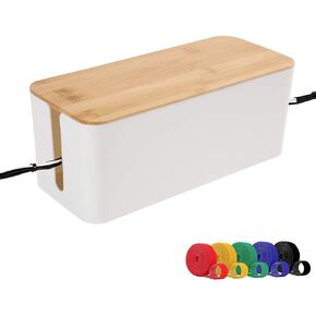 PowerKing Cable Management Boxes Organizer, Bamboo Lid, Large Storage Wires Keeper Holder for Desk, TV, Computer, USB Hub, System to Cover and Hide & Power Strips & Cords (Set of Two, Ice White)