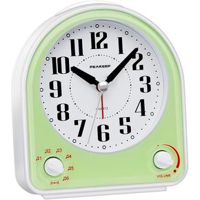 Peakeep Analog Alarm Clock Non-Ticking Silent, Optional 7 Wake-up Sounds with Volume Control, Nightlight and Snooze, AA Battery Operated (Black)