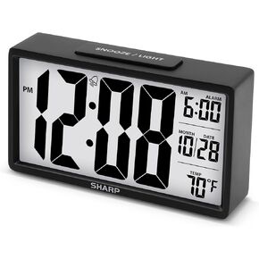 Sharp Alarm Clock with Easy to Read 2.8" Jumbo Screen with Indoor Temperature, Nightlight, Calendar, Battery Operated Digital Clock for Bedrooms or Travel, Black