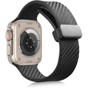 Carbon Fiber Silicone Band Compatible with Apple Watch 49mm 45mm 44mm 42mm 41mm 40mm 38mm Women Men, Magnetic Watch Band Compatible for iWatch Apple Watch Series 9 8 7 6 5 4 3 2 1 SE Ultra 2 & 1