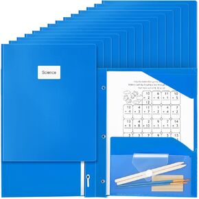 Kosiz 12 Pieces 2 Pocket Folder with Prongs Plastic Folders with Extra Pockets Heavy Duty Folders with Prongs Folders with Prongs Fasteners and Writable Label for School Office Home (Blue)