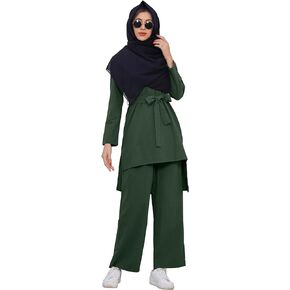 IWEMEK Abayas for Women Muslim Prayer Clothes for Muslim Women 2 Piece Plus Size Long Sleeve Tops Wide Leg Pants with Belt