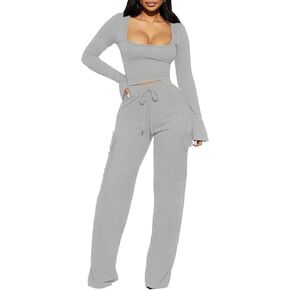 Ekaliy Sexy Two Piece Outfit for Women-Ribbed Lounge Set Bell Sleeve Crop Top Pant Set Fall Tracksuit Y2k Streetwear