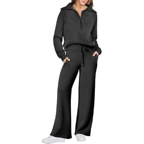 Woolicity Women's 2 Piece Outfits Half Zip Long Sleeve Sweatsuits Sets Wide Leg Sweatpant Tracksuit with Pockets