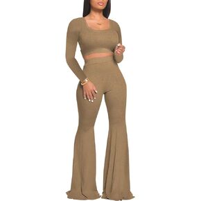 Two Piece Outfits for Women Sexy Crop Top + Flared Long Pants Sweat Suits Ribbed Fitted Tracksuits Yoga Set