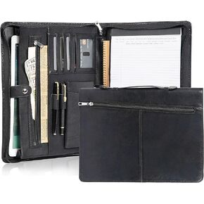 Calfinder Leather Portfolio Organizer for Men, Vegan Leather Resume Zippered Portfolio with A4 Notepad Holder, Padfolio Folder with Handle for 13.3" iPad/MacBook, with Pocket/Card Slot, Black