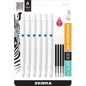 Zebra Pen bLen Retractable Ballpoint Gel Pen + refills, White Barrel, Medium Point, 0.7mm, Blue Ink, 6-Pack