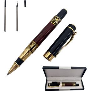 Comfortable Grip Metal Rollerball Pen Business Signature Pen Fluent Writing Pen with Two 0.5mm Replacement Black Refills Gift Pen Premium Gift Box (Gold)