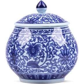 Traditional Chinoiserie Round Ginger Jars Blue and White Porcelain Series Ceramic Storage Jars with Sealed Lids,for Home/Kitchen/Dining Table Decoration (Fish Jar)