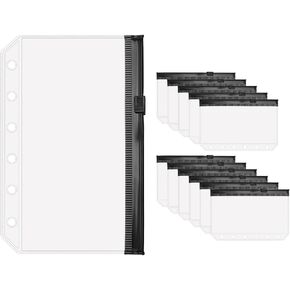 A7 Binder Pockets 12PCS 6 Holes Zipper Binder Pockets Black Zipper Cash Envelopes Pocket Size Loose-Leaf Zipper Binder Pouch Bag for Journal Budget Folder