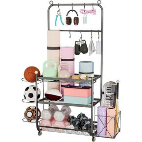 رف الدمبل، حامل الأثقال لتخزين الدمبل، تخزين الصالة الرياضية المنزلية للدمبل كيتل بيلز، سجادة اليوغا والكرات، معدات تمرين متعددة الوظائف، منظم رف الصالة الرياضية مع عجلات وخطافات in Kuwait