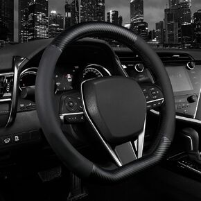 d Shape Steering Wheel Cover,Premium Leather Car Steering Wheel Protector Sport Carbon Fiber Design,Non-Slip & Breathable,Universal Fit 15 Inch Car/Auto/SUV Flat Bottom Steering Wheels (Matt Black)