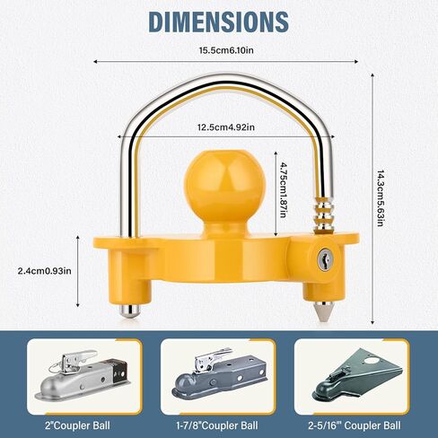 قفل مقرنة عالمي للمقطورة، هيكل من الألومنيوم مع طلاء مسحوق أصفر، يناسب قارنات التوصيل مقاس 1-7/8 بوصة و2 بوصة و2-5/16 بوصة، شديدة التحمل قابلة للتعديل، مثالية للقوارب ومقطورات السفر in Kuwait