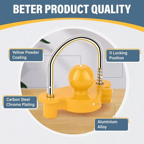 قفل مقرنة عالمي للمقطورة، هيكل من الألومنيوم مع طلاء مسحوق أصفر، يناسب قارنات التوصيل مقاس 1-7/8 بوصة و2 بوصة و2-5/16 بوصة، شديدة التحمل قابلة للتعديل، مثالية للقوارب ومقطورات السفر in Kuwait