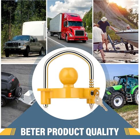 قفل مقرنة عالمي للمقطورة، هيكل من الألومنيوم مع طلاء مسحوق أصفر، يناسب قارنات التوصيل مقاس 1-7/8 بوصة و2 بوصة و2-5/16 بوصة، شديدة التحمل قابلة للتعديل، مثالية للقوارب ومقطورات السفر in Kuwait