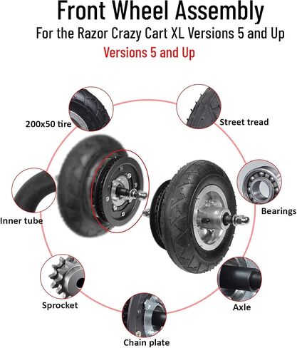 مجموعة العجلات الأمامية AlveyTech - مجموعة بديلة لعربة Razor Crazy Cart XL (V5+) 200x50 إطار هوائي، أنبوب، حافة، ضرس، لوحة سلسلة، عجلات لعربة الانجراف الكهربائية، ملحقات السكوتر الإلكتروني، عبوة واحدة in Saudi Arabia