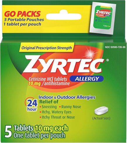 أقراص زيرتيك لتخفيف الحساسية لمدة 24 ساعة، دواء الحساسية مع 10 ملغ من سيتيريزين حمض الهيدروكلوريك لكل قرص مضاد للهستامين للحساسية، تخفيف أثناء التنقل، حقائب سفر فردية، 5 قيراط، (5 × 1 قيراط) in Kuwait