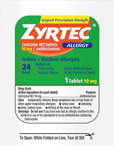أقراص زيرتيك لتخفيف الحساسية لمدة 24 ساعة، دواء الحساسية مع 10 ملغ من سيتيريزين حمض الهيدروكلوريك لكل قرص مضاد للهستامين للحساسية، تخفيف أثناء التنقل، حقائب سفر فردية، 5 قيراط، (5 × 1 قيراط) in Kuwait