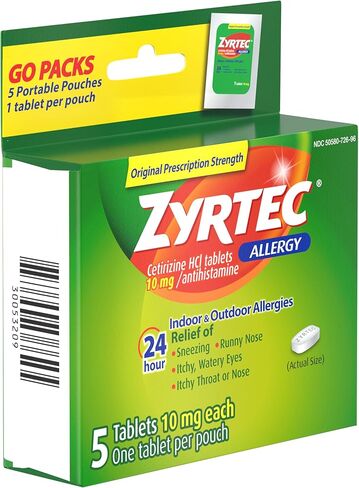 أقراص زيرتيك لتخفيف الحساسية لمدة 24 ساعة، دواء الحساسية مع 10 ملغ من سيتيريزين حمض الهيدروكلوريك لكل قرص مضاد للهستامين للحساسية، تخفيف أثناء التنقل، حقائب سفر فردية، 5 قيراط، (5 × 1 قيراط) in Kuwait