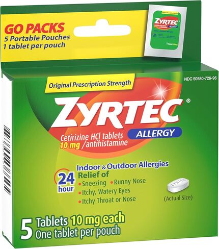 أقراص زيرتيك لتخفيف الحساسية لمدة 24 ساعة، دواء الحساسية مع 10 ملغ من سيتيريزين حمض الهيدروكلوريك لكل قرص مضاد للهستامين للحساسية، تخفيف أثناء التنقل، حقائب سفر فردية، 5 قيراط، (5 × 1 قيراط) in Kuwait