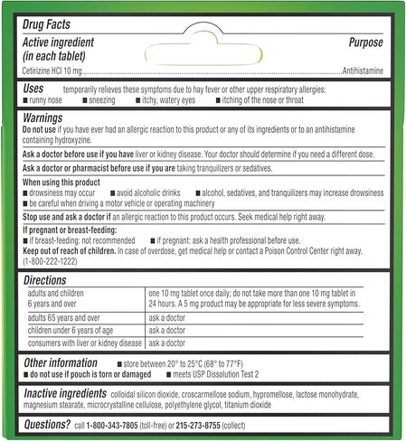 أقراص زيرتيك لتخفيف الحساسية لمدة 24 ساعة، دواء الحساسية مع 10 ملغ من سيتيريزين حمض الهيدروكلوريك لكل قرص مضاد للهستامين للحساسية، تخفيف أثناء التنقل، حقائب سفر فردية، 5 قيراط، (5 × 1 قيراط) in Kuwait